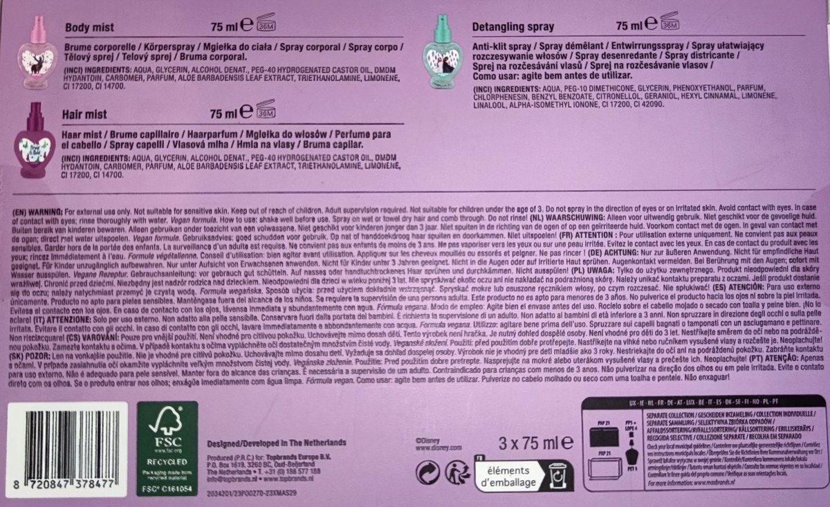 Frozen Die Eiskönigin Body und Haarset mit Bodyspray, Haarparfum und Detanglingspray zum Haare entwirren - Rückseite Verpackung